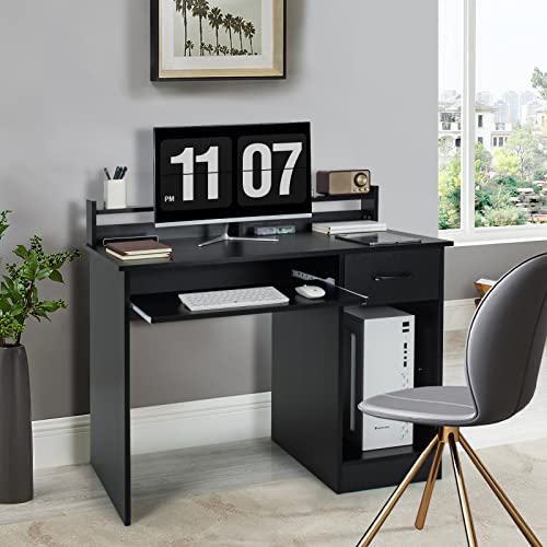 Tangkula Computer Desk with Drawer & Keyboard Tray, Modern Study Writing Desk with Desktop Hutch & Storage Shelves, Home Office Wooden PC Laptop Desk, Desk for Bedroom