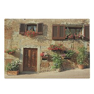 lunarable tuscan cutting board, picturesque lane with mediterranean architecture flowers italian town, decorative tempered glass cutting and serving board, large size, pale brown