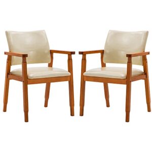 NOBPEINT Mid-Century Dining Side Chair with Faux Leather Seat in Tan, Arm Chair in Walnut,Set of 2