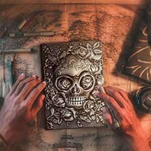 ZYWJUGE Embossed Leather Travel Journals Vintage Handcraft Embossed Skull Antique Diary Notebook (A5, Silver)