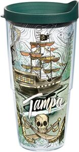 tervis florida-tampa pirate insulated tumbler with wrap and hunter green lid, 24 oz, clear