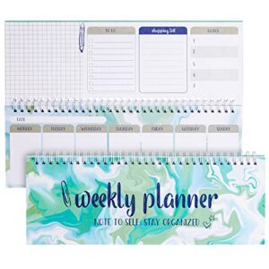undated weekly planner, goals, shopping, to do list, horizontal desk calendar (spiral bound, 12 x 4 in)