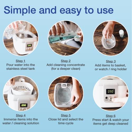 Ultrasonic Jewelry Cleaner Kit - New Premium Cleaning Machine and Liquid Cleaner Solution Concentrate - Digital Sonic Cleanser for Watchbands Jewelry, Silver and More