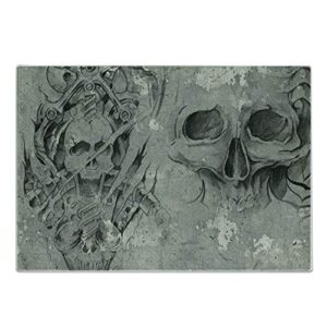 lunarable tattoo cutting board, scary dead skull skeleton demon gothic elements with tribals design print, decorative tempered glass cutting and serving board, small size, grey beige