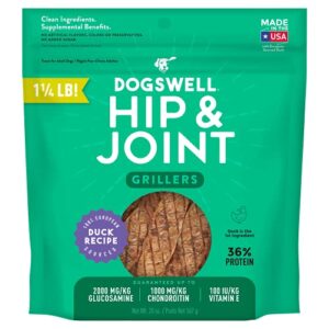dogswell 100% grilled meat dog treats, made in the usa with glucosamine, chondroitin & new zealand green mussel for healthy hips, 20 oz duck