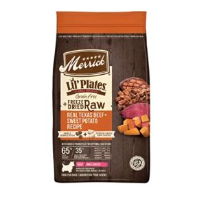 merrick lil' plates small breed dog food, grain free real texas beef and sweet potato with raw bites recipe, small dog food - 4 lb. bag