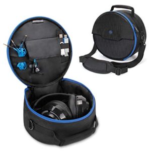 enhance portable headphone case for wired & wireless headsets - universal headset case compatible with playstation, beats, bose & gaming headphones - accessory storage, strap & carrying handle - blue