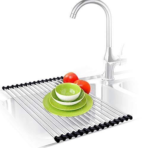 Roll Up Dish Drying Rack, Over The Sink Dish Drying Rack, Compact Kitchen Rolling up Sink Plate Drying Rack, Portable Dish Rack Dish Drainer, Urwanti Foldable Stainless Steel Sink Rack (17.8" x 11.3")