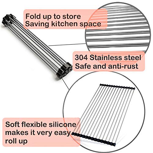 Roll Up Dish Drying Rack, Over The Sink Dish Drying Rack, Compact Kitchen Rolling up Sink Plate Drying Rack, Portable Dish Rack Dish Drainer, Urwanti Foldable Stainless Steel Sink Rack (17.8" x 11.3")