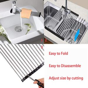 Roll Up Dish Drying Rack, Over The Sink Dish Drying Rack, Compact Kitchen Rolling up Sink Plate Drying Rack, Portable Dish Rack Dish Drainer, Urwanti Foldable Stainless Steel Sink Rack (17.8" x 11.3")