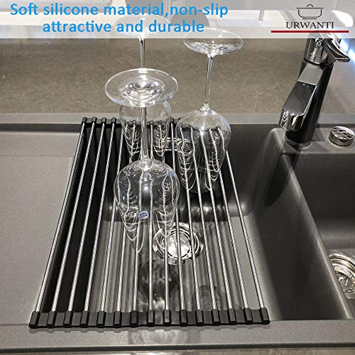 Roll Up Dish Drying Rack, Over The Sink Dish Drying Rack, Compact Kitchen Rolling up Sink Plate Drying Rack, Portable Dish Rack Dish Drainer, Urwanti Foldable Stainless Steel Sink Rack (17.8" x 11.3")