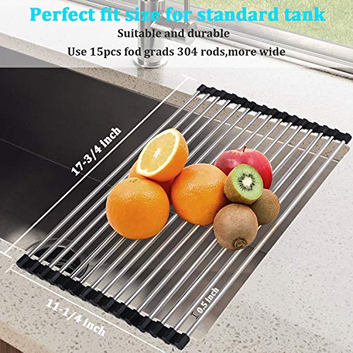 Roll Up Dish Drying Rack, Over The Sink Dish Drying Rack, Compact Kitchen Rolling up Sink Plate Drying Rack, Portable Dish Rack Dish Drainer, Urwanti Foldable Stainless Steel Sink Rack (17.8" x 11.3")