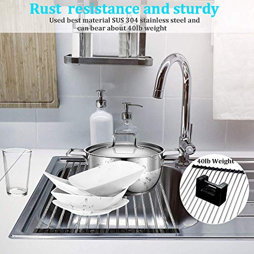 Roll Up Dish Drying Rack, Over The Sink Dish Drying Rack, Compact Kitchen Rolling up Sink Plate Drying Rack, Portable Dish Rack Dish Drainer, Urwanti Foldable Stainless Steel Sink Rack (17.8" x 11.3")