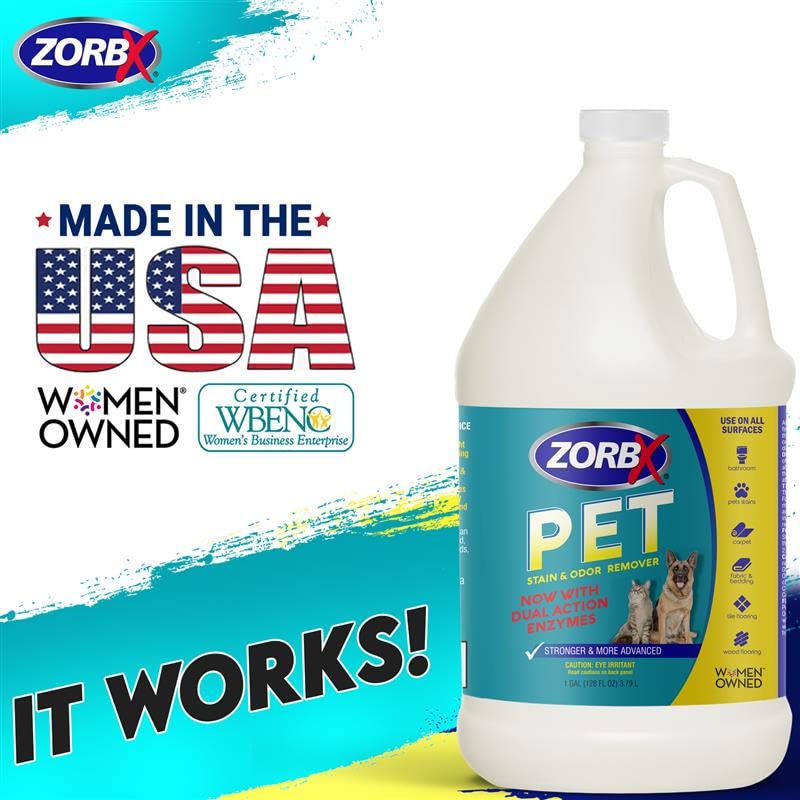 ZORBX Pet Stain and Odor Eliminator for Strong Odor - Dual Action Natural Enzymes Pet Odor Neutralizer & Stain Remover for Dog & Cat Urine | Carpet Cleaner Spray - 128 FL Oz (1 Gallon)