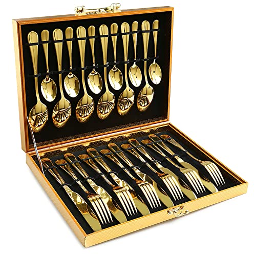 Gold Silverware Set, OGORI 24-Piece Gold Forged Stainless Steel Flatware Set, Service of 6