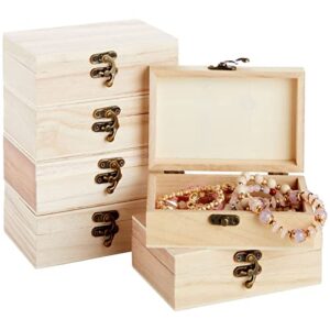 6-pack unfinished wooden boxes for crafts with hinged lids and front clasps, small size to hold jewelry, keys, stickers, playing cards (rectangular, natural color, 6x4x2 in)