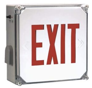 weatherproof exit sign with red letters
