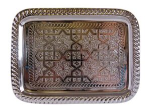 vintage styled handmade moroccan silver plated rectangular engraved tea tray, bring home a beautifully functional near east tradition, small, 11.3x8.5”