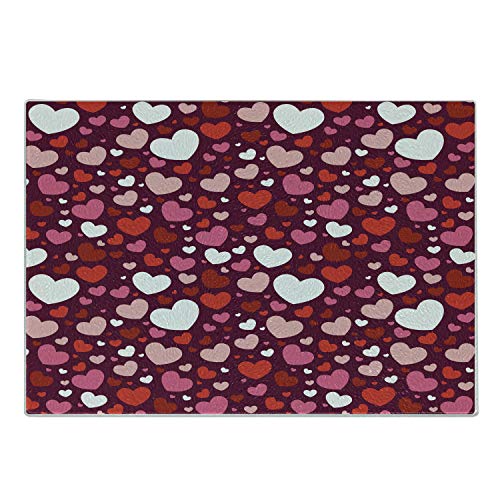 Lunarable Hearts Cutting Board, Ornate Vibrant Toned Hearts Pattern Love Themed Valentines Day Inspired Image, Decorative Tempered Glass Cutting and Serving Board, Large Size, Maroon Pink