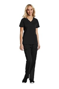 scrubs for women set 6 pocket 4-way stretch v-neck and semi-tapered pant elements el9925 (black, medium)
