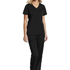 Scrubs for Women Set 6 Pocket 4-Way Stretch V-Neck and Semi-Tapered Pant Elements EL9925 (Black, Medium)