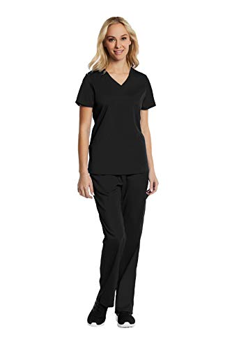 Scrubs for Women Set 6 Pocket 4-Way Stretch V-Neck and Semi-Tapered Pant Elements EL9925 (Black, Medium)