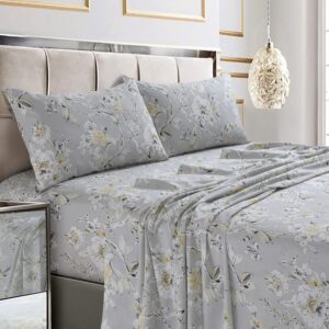 tribeca living king bed sheet set, soft cotton sateen printed sheets floral print, extra deep pocket, 300 thread count, 4-piece bedding sets, colmar silver grey/multi, (colm4psskisg)