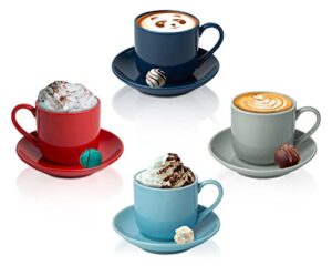 4oz. espresso cups set of 4 with matching saucers - premium porcelain, 8 piece gift box demitasse set - red, blue & grey – italian caffè mugs, turkish coffee cup – lungo shots, dopio double shot