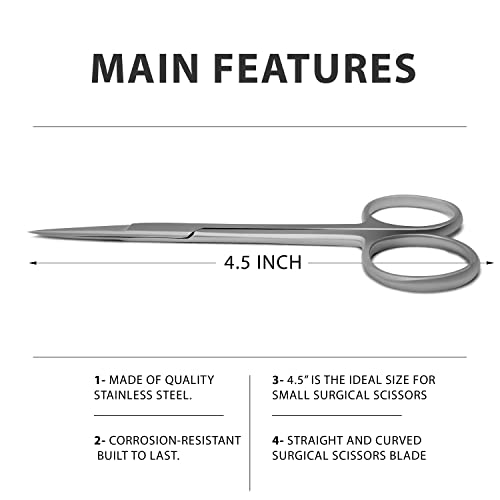 SURGICAL ONLINE Durable Iris Scissors - Curved & Straight Blades, Stainless Steel, 4.5" Size