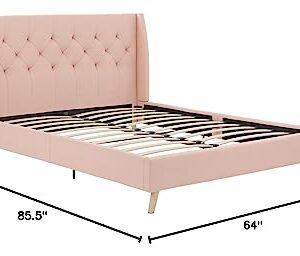 Novogratz Her Majesty Upholstered Linen Bed, Tufted Wingback Design and Wooden Legs, Queen Size - Pink Linen