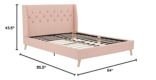 Novogratz Her Majesty Upholstered Linen Bed, Tufted Wingback Design and Wooden Legs, Queen Size - Pink Linen