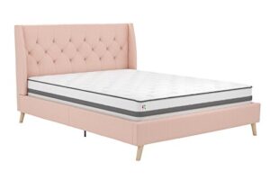 novogratz her majesty upholstered linen bed, tufted wingback design and wooden legs, queen size - pink linen