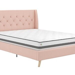 Novogratz Her Majesty Upholstered Linen Bed, Tufted Wingback Design and Wooden Legs, Queen Size - Pink Linen