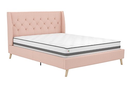 Novogratz Her Majesty Upholstered Linen Bed, Tufted Wingback Design and Wooden Legs, Queen Size - Pink Linen