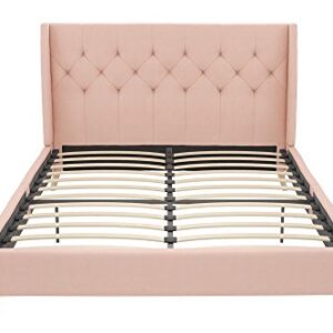 Novogratz Her Majesty Upholstered Linen Bed, Tufted Wingback Design and Wooden Legs, Queen Size - Pink Linen