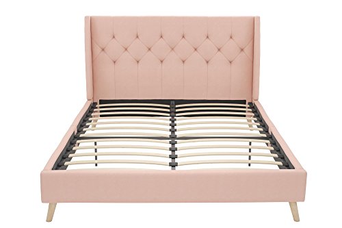 Novogratz Her Majesty Upholstered Linen Bed, Tufted Wingback Design and Wooden Legs, Queen Size - Pink Linen