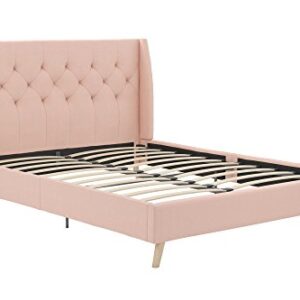 Novogratz Her Majesty Upholstered Linen Bed, Tufted Wingback Design and Wooden Legs, Queen Size - Pink Linen