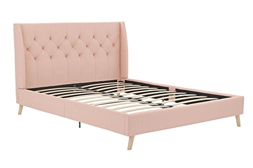 Novogratz Her Majesty Upholstered Linen Bed, Tufted Wingback Design and Wooden Legs, Queen Size - Pink Linen