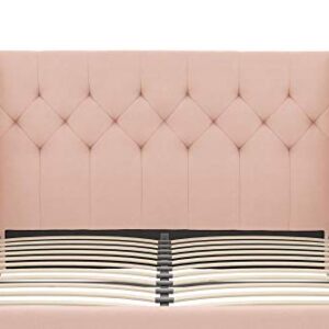 Novogratz Her Majesty Upholstered Linen Bed, Tufted Wingback Design and Wooden Legs, Queen Size - Pink Linen