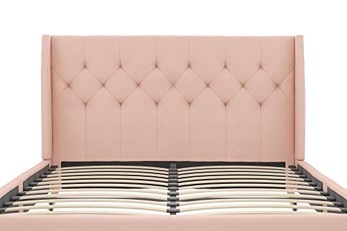 Novogratz Her Majesty Upholstered Linen Bed, Tufted Wingback Design and Wooden Legs, Queen Size - Pink Linen