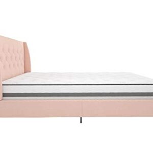 Novogratz Her Majesty Upholstered Linen Bed, Tufted Wingback Design and Wooden Legs, Queen Size - Pink Linen