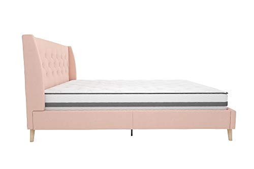 Novogratz Her Majesty Upholstered Linen Bed, Tufted Wingback Design and Wooden Legs, Queen Size - Pink Linen