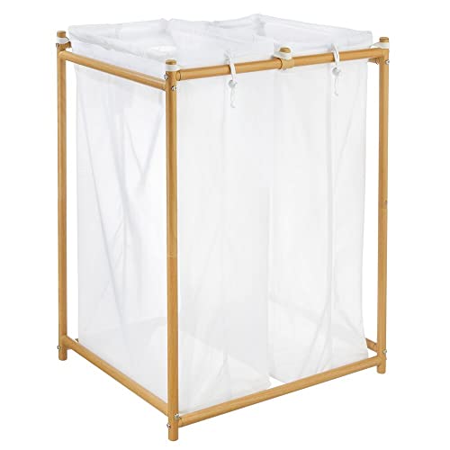mDesign Laundry Hamper Organizer/Sorter with Metal Stand and 2 Removable Large Mesh Bags - Portable - Double Hamper Design - White/Natural