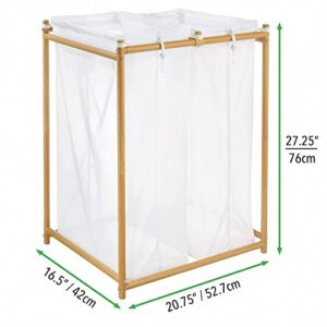 mDesign Laundry Hamper Organizer/Sorter with Metal Stand and 2 Removable Large Mesh Bags - Portable - Double Hamper Design - White/Natural