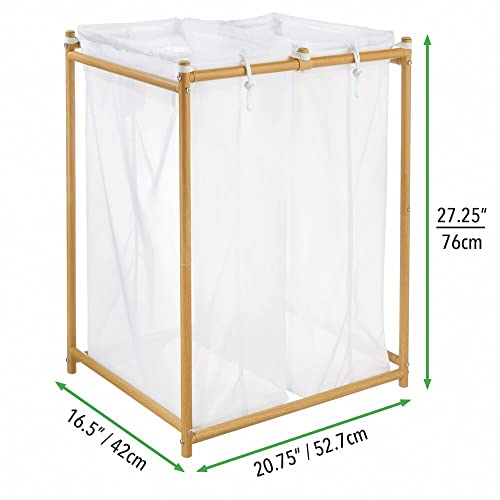 mDesign Laundry Hamper Organizer/Sorter with Metal Stand and 2 Removable Large Mesh Bags - Portable - Double Hamper Design - White/Natural