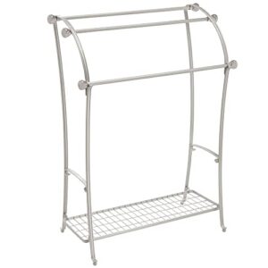 mDesign Large Standing Metal Bathroom Towel Holder Stand with Shelf - 3-Tier Towel Rack Stand for Hanging Bath, Hand, and Fingertip Towels - Towel Stand for Bathroom - Hyde Collection - Matte Satin