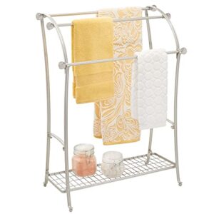 mdesign large standing metal bathroom towel holder stand with shelf - 3-tier towel rack stand for hanging bath, hand, and fingertip towels - towel stand for bathroom - hyde collection - matte satin