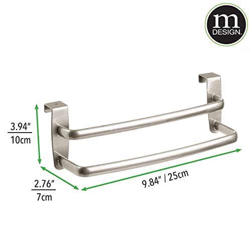 mDesign Over-Door Cabinet Towel Holder - Kitchen Cabinet Double Towel Bar Rack - Over Cabinet Towel Bar Hanger for Hand, Dish, and Tea Towels - 9.84" Wide - Spira Collection - Brushed Nickel