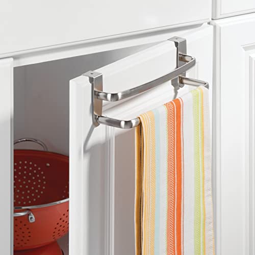 mDesign Over-Door Cabinet Towel Holder - Kitchen Cabinet Double Towel Bar Rack - Over Cabinet Towel Bar Hanger for Hand, Dish, and Tea Towels - 9.84" Wide - Spira Collection - Brushed Nickel