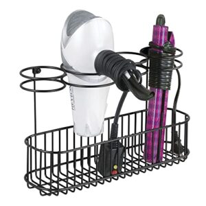 mdesign metal wire cabinet/wall mount hair care & styling tool organizer - bathroom storage basket for hair dryer, flat iron, curling wand, hair straightener, brushes - holds hot tools - matte black
